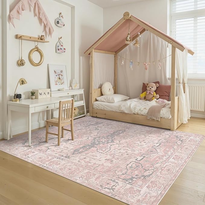 Rugxara Pink Rug 5x7 Area Rugs Washable Rug for Bedroom Nursery Room | Non Slip, Rug for Living Room Girls Kids Room Dining Room, Stain Resistant, Soft, Vintage Boho Carpet, Low Pile, Home Decor