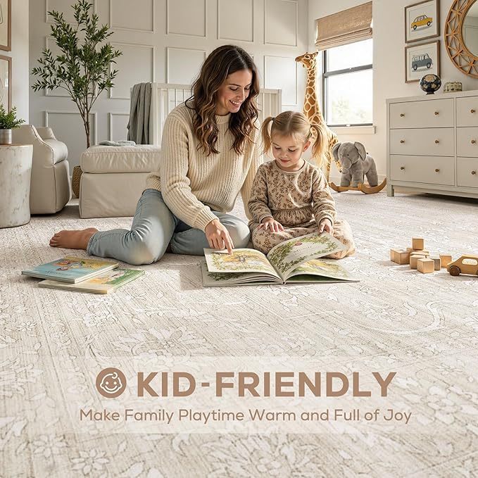 Nakagishi 6x9 Area Rugs Living Room: Washable Large Vintage Rug Neutral Non-Slip Soft Stain Resistant Indoor Carpet for Bedroom Nursery Dining Room Office Playroom - Beige White