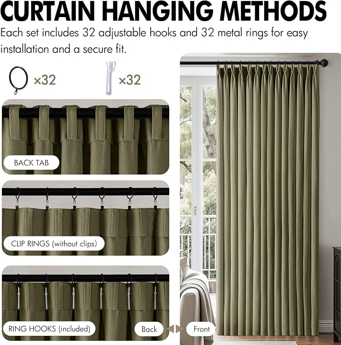 MIULEE Pinch Pleated Thick Linen Curtains 84 Inch 4 Panels Set Back Tab Memory Trained Pinch Pleat Semi Sheer Light Filtering Curtains Let Light in Window Drapes for Living Room Bedroom Olive Green