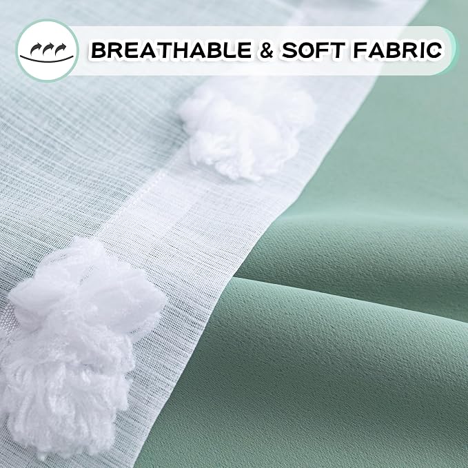 MYSKY HOME Kids Curtains for Boys Bedroom 72 Inches Long Room Darkening Double Layer Drapes for Son Room Decor White Pom Pom Sheer Back Tab Blackout Curtain 2 Layers Aqua 52 x 72 Inch 2 Panels