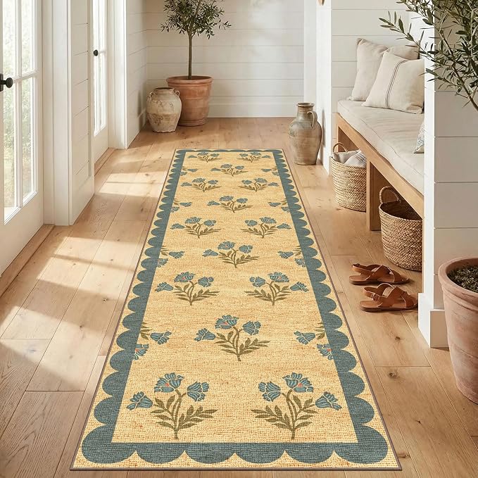 Non Slip Washable Kitchen Runner Rug - 2x8 Long Blue Hallway Runner Rugs Soft Boho Runners for Hallways Jute-Look Floral Scalloped Runner Rug for Bedroom Entryway Mudroom Bathroom Foyer