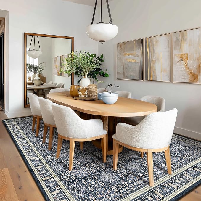 Boho Floral Moroccan Trellis Large Area Rugs 9x12 for Living room, Dark Blue Classic Transitional Style Room Carpet Rug for Bedroom Dining Room, Washable Rug with Rubber Back Low Pile Thin Soft