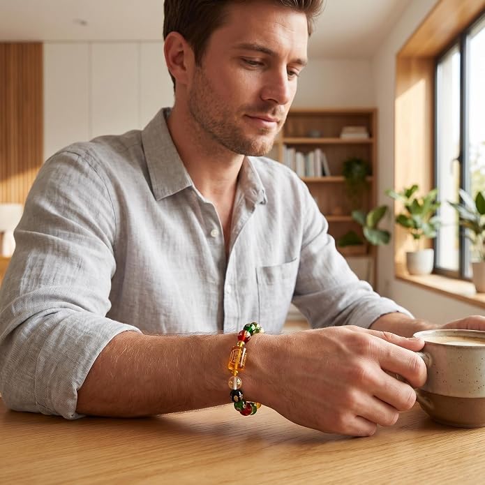 LINGYUAN Feng Shui Wealth and Luck Bracelet with Gold Foil Five Gods Amulet-Red Agate Cinnabar Gemstone Bracelet for Prosperity, Protection & Success, Lucky Charm Gift for Men & Women