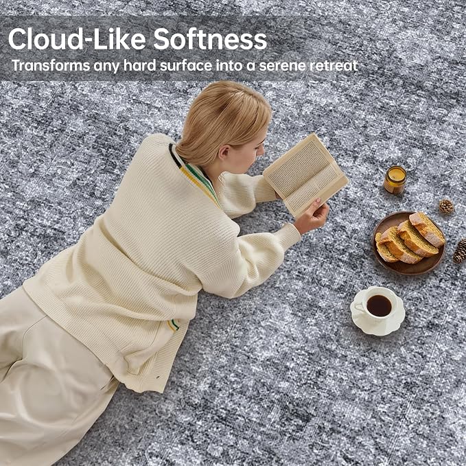 Sasttie 9x12 Area Rug, Ultra-Soft Washable Rug, Low Pile Foldable Thin Carpets with Non-Slip Backing, Skin-Friendly Stain Resistant Carpet for Living Room, Bedroom, Kitchen, Dorm, 9x12, Black Grey