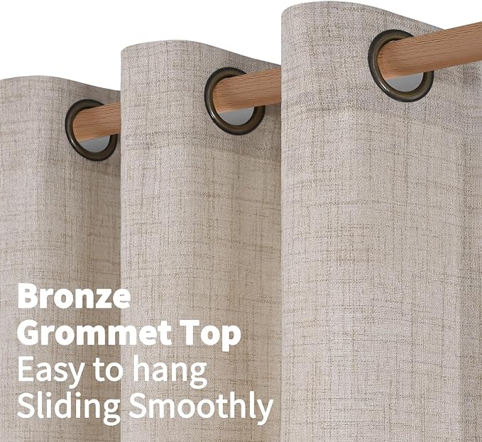 YoungsTex Linen Curtains 80 Inch Length with Bronze Grommet Light Filtering | Semi Sheer Drapes Beige Natural for Living Room Bedroom Farmhouse Rustic, 2 Panels, 52 x 80 Inch