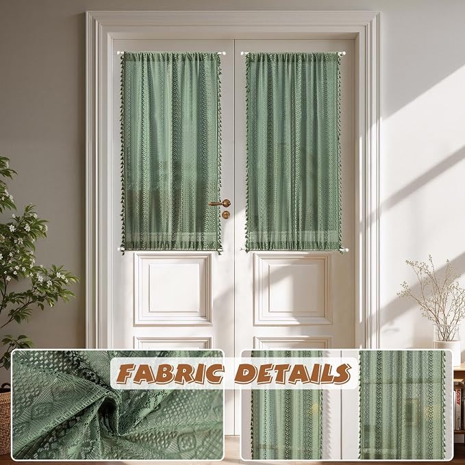 Sutuo Home Green Door Curtains 2 Panels for Doorway Glass & Sidelights, French Country Handmade Tassels Vintage Chic Privacy Drapes Xmas Olive Boho Curtains for Front Door, Rod Pocket 25" W x 40" L