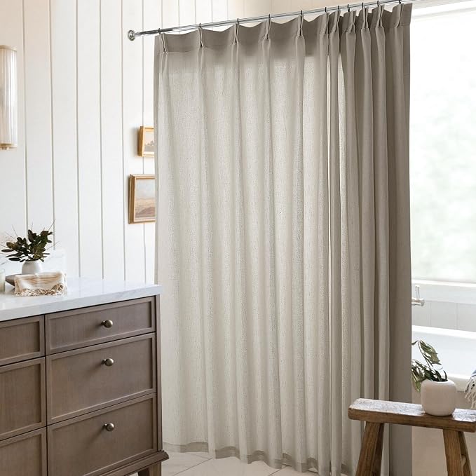 72 Inch Linen Pleated Shower Curtain Burlywood Birch Semi Sheer | Taupe, Boho Farmhouse Country, Textured Fabric, Bath Decor, Curtain 72x72, with Hooks, Washable Shower Curtains, for Bathroom