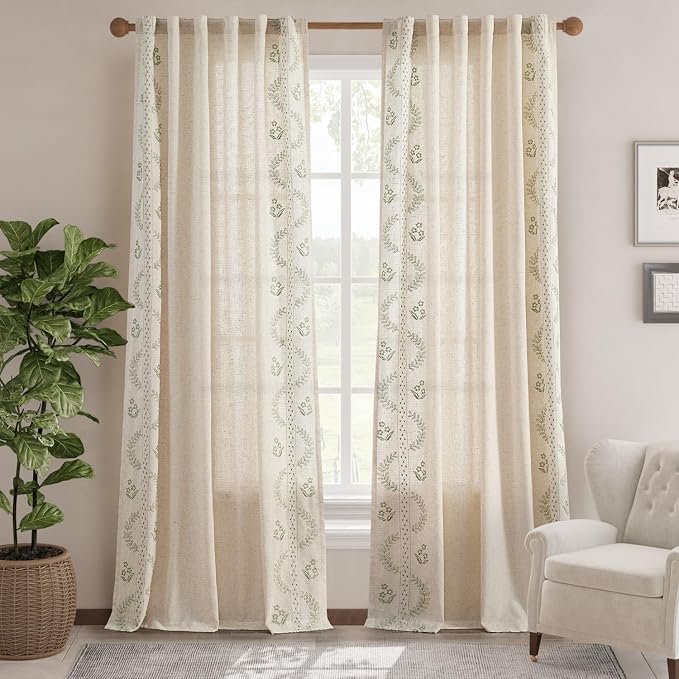 jinchan Floral Linen Curtains 96 Inch Back Tab 2 Panels Sage Green | Embroidered curtains,boho curtains,living room,bedroom,light filtering,privacy,flower patterned drapes,window treatment