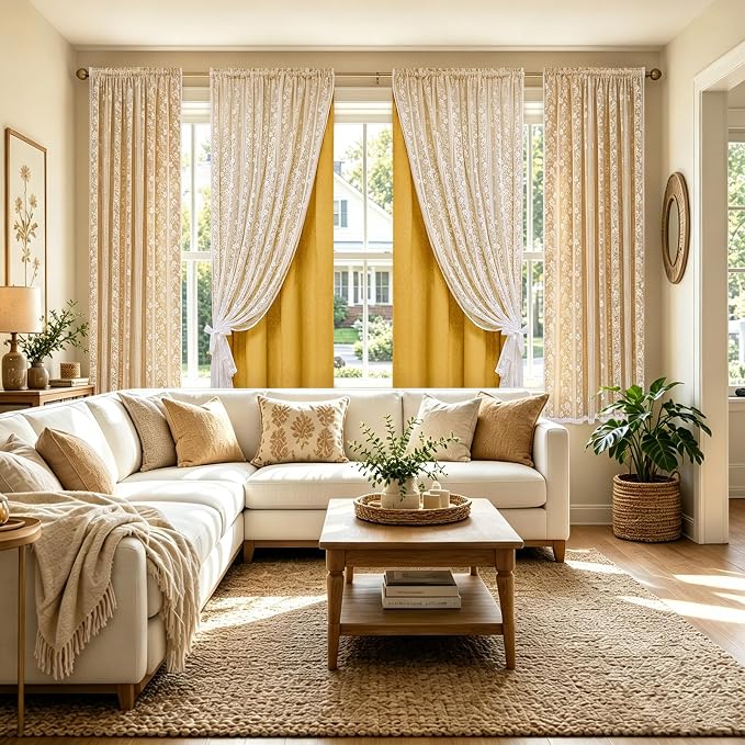 ASPMIZ Linen Curtains for Living Room Double Layer Curtains with Linen Lace, Mustard Yellow Bedroom Curtain Light Filtering, Rod Pocket Drapes 63 Inch Length 2 Panels Set with 2 Tiebacks, 52x63