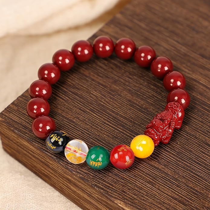 Five Roads Wealth God Cinnabar Pixiu Bracelet - Feng Shui Red String Bracelet for Good Luck & Money Attraction, Fortune Blessing for Men & Women, Adjustable Lucky Charm Bracelet (Classic & Cinnabar Options, 8/10/12mm)