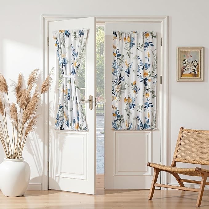 MYSKY HOME Floral French Door Curtains 40 inch Long Set of 2 - Blackout Privacy Sidelight Door Window Drapes with Rod Pocket, Yellow and Blue, 24" W Each Panel
