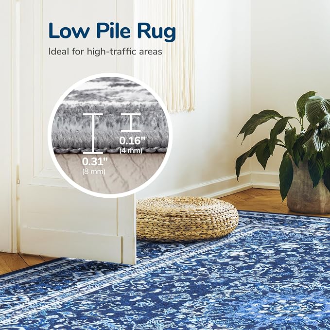 Lessymo 3 x 5 Area Rugs for Living Room- Machine Washable Area Rugs Boho Faux Wool Low Pile Area Rug for Bedroom Floral Medallion Vintage Rugs with Non-Slip Rubber, Kid & Pet Friendly,Blue White
