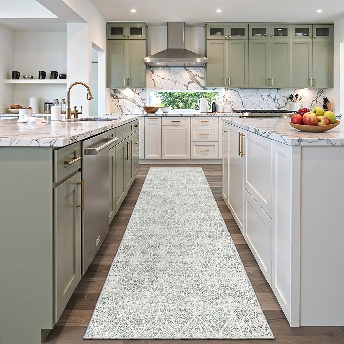 Soalmost Washable 2.5'x8' Runner Rug for Hallway,2'6"x8' Kitchen Runner Rug | Moroccan Trellis Runner Rugs with Rubber Backing Non-Slip Soft 2'6"x8' Carpet Runner for Entryway Laundry Bedroom Teal Blue