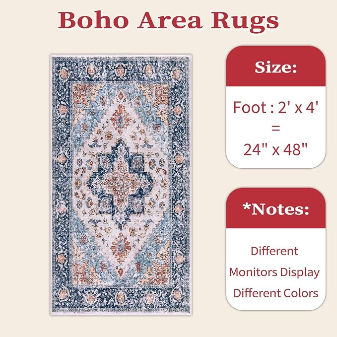 SERISSA 2x4 Boho Rugs for Entryway, Washable Non-Slip Kitchen Runner Rug, Ultra Soft Small Area Rug Vintage Blue Orange Low-Pile Door Mat Indoor Entrance Carpet for Bedroom Hallway Laundry Room