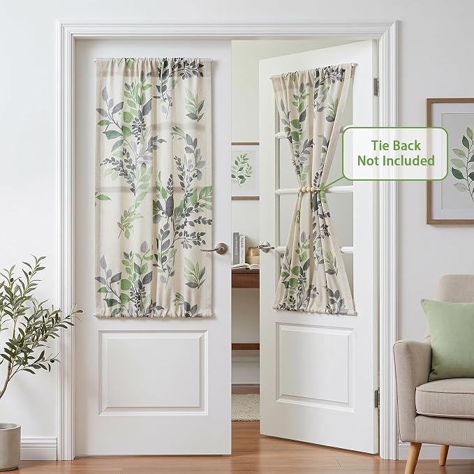 MYSKY HOME Floral Linen French Door Curtains 40 inch Long 2 Panels for Front Door Light Filtering Privacy Semi Sheer Window Curtains with Rod Pocket, Green, 24" W Each Panel