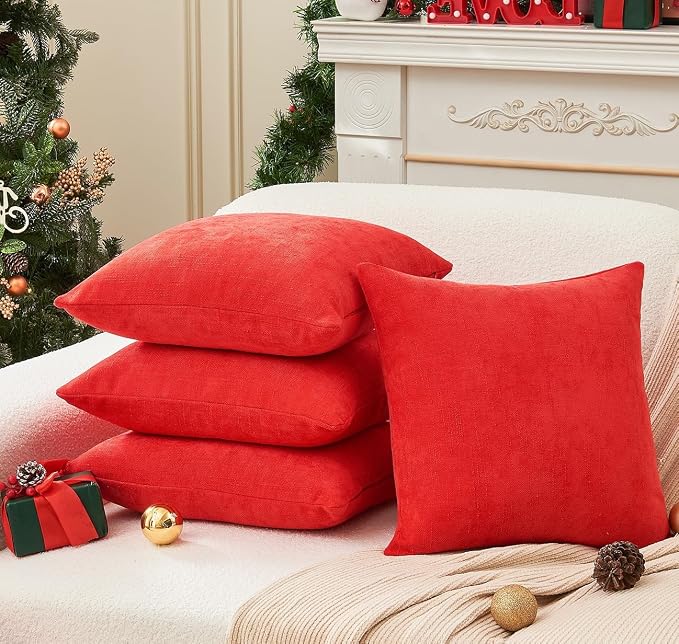 Pack of 4 Christmas Red Pillow Covers 20x20 Inch Chenille Throw Pillow Covers Solid Decorative Soft Xmas Cushion Covers Home Boho Textured Decor for Couch Sofa Bed Living Room