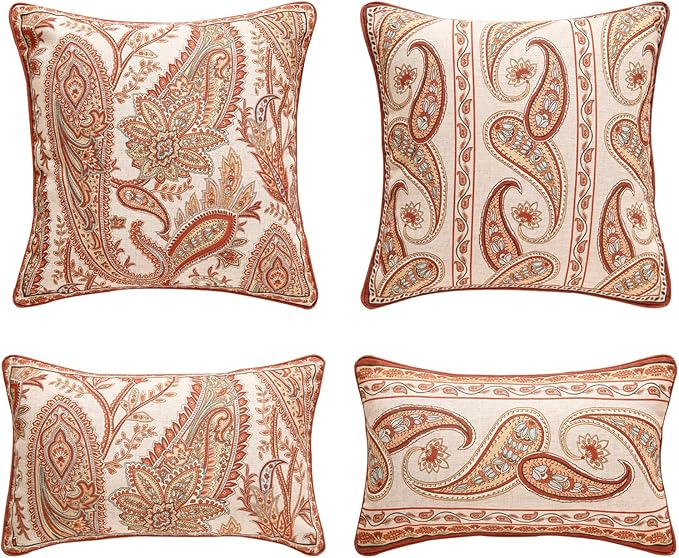 ISAENNE Designer Elegant Linen Throw Pillow Cover,Set of 4-Chauffrey ABAC | French Cottage Pillow Cover,Concealed Zipper,Cashew Pattern,Sofas,Bedroom,Living Room,Lounge Chairs,All Season Home Decor