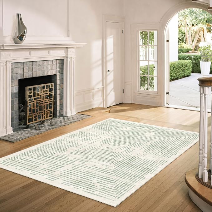 BLISSA 4x6 Washable Area Rug - Soft Modern Throw Rugs for Living Room Non-Slip Ultra-Thin Sage Green Lines Borderd Abstract Rugs for Bedroom Entryway Kitchen Foyer Mudroom Dorm Dining Room Carpet