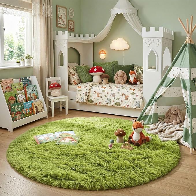 Grass Green Round Rugs 5Ft for Bedroom, Fluffy Shaggy Circle Area Rugs for Kids Playroom Baby Nursery, Cozy Cool Living Room Decor Aesthetic, Cute Fuzzy Furry Plush Carpet for Teen Girls Boys Toddler