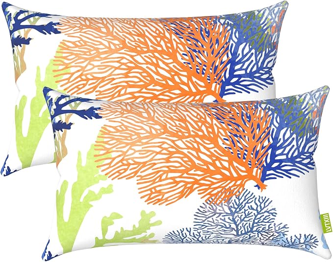 LVTXIII 12×20 Inch Outdoor Lumbar Pillows, Pack of 2 Water Repellent Lumbar Pillow with Inserts, Fluffy Decorative Garden Lumbar Cushions for Home Patio Coach Sofa Use, Coral Multi