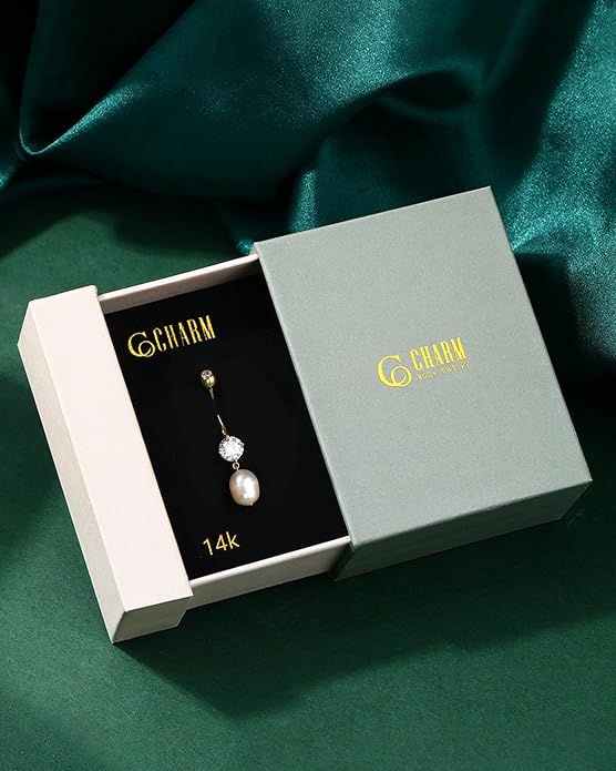 Cocharm Dangling Freshwater Pearl Belly Button Rings - 14K Solid Gold Navel Piercing Jewelry