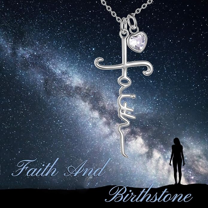 Faith Cross Necklace For Women Birthstone Sterling Silver with Simulated Birthstone Cross Jewelry Christian Gifts