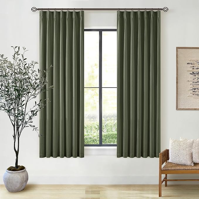 Olive Green 63 Inch Length Blackout Pinch Pleated Linen Curtains with Liner | Memory Trained, 100% Black Out, Thermal Insulated, UV Blocking, Noise Reducing Curtains for Small Window Bedroom 2 Panels