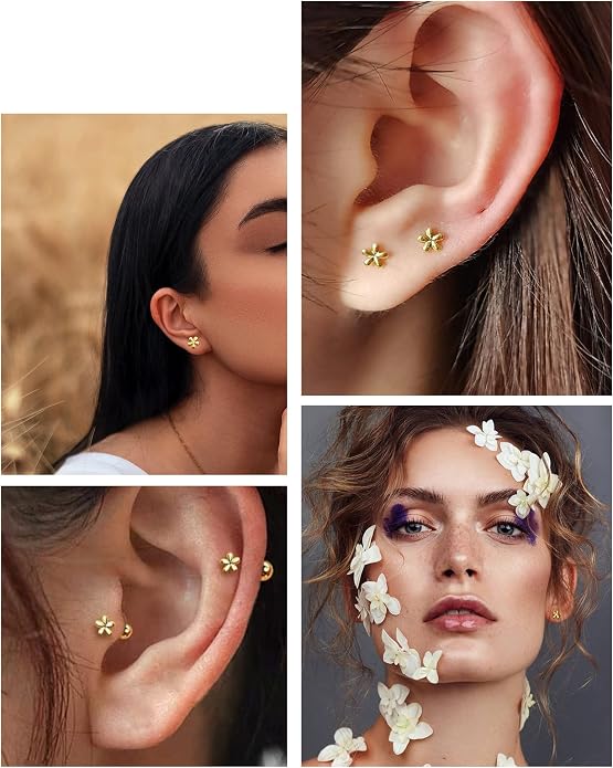 Jewseen 14K Solid Gold Cartilage Earring Opal Cartilage Piercing CZ Flower Helix Piercing Jewelry 16g Tragus Conch Piercing Jewelry Stud Earrings for Women Men