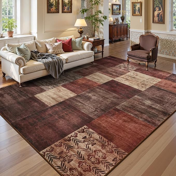 DweIke Washable Area Rugs 5x7 for Living Room, Modern Geometric Red Soft Patchwork Carpet, Non-Slip Stain Resistant Throw Rug for Bedroom Dining Room Office Home Decor