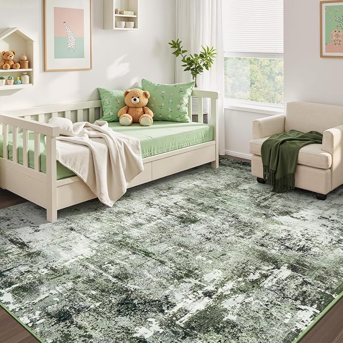Rugflix 5x7 Area Rugs for Living Room, Washable Large Rug Stain-Resistant Low Pile, Modern Dark Carpet for Dining Room Home Office Kid Room Nursery Bedroom, Dark Green