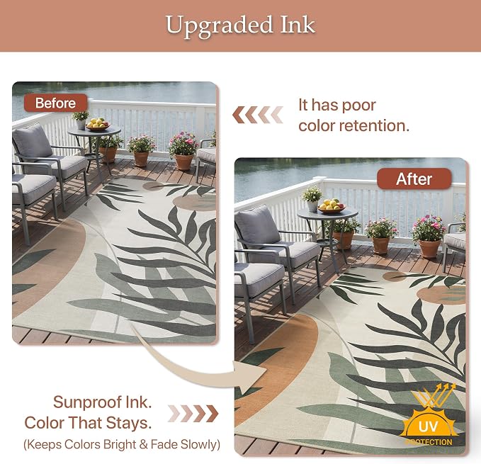 GENIMO 3x5 Outdoor Rug, Washable for Porch and Balcony, Beige Olive | Botanical leaf design for entryway; fade resistant chenille with quick-dry non-slip backing for indoor mudroom.