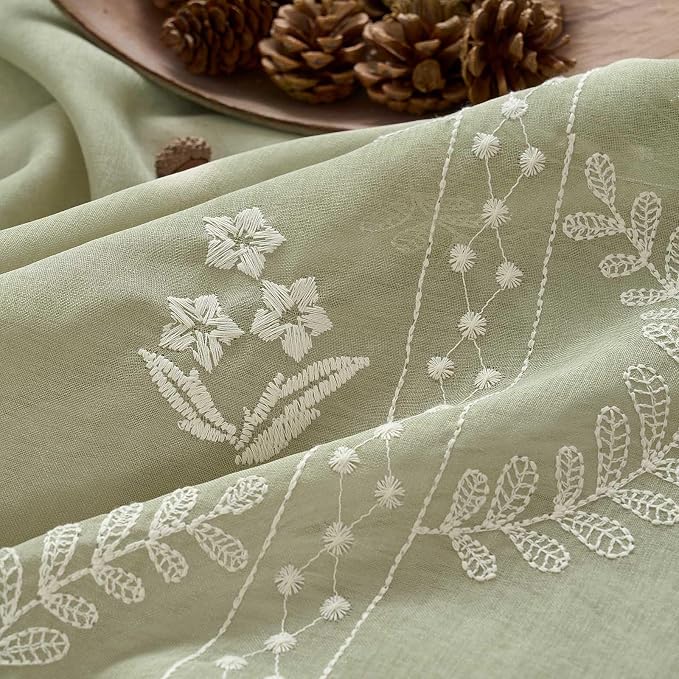 jinchan Belrose Sage Green Floral Sheer Curtains for Living Room 96 Inch Long Voile Embroidered Farmhouse Curtains for Bedroom Ivory Flower Patterned Rod Pocket Window Treatments, 2 Panels Green