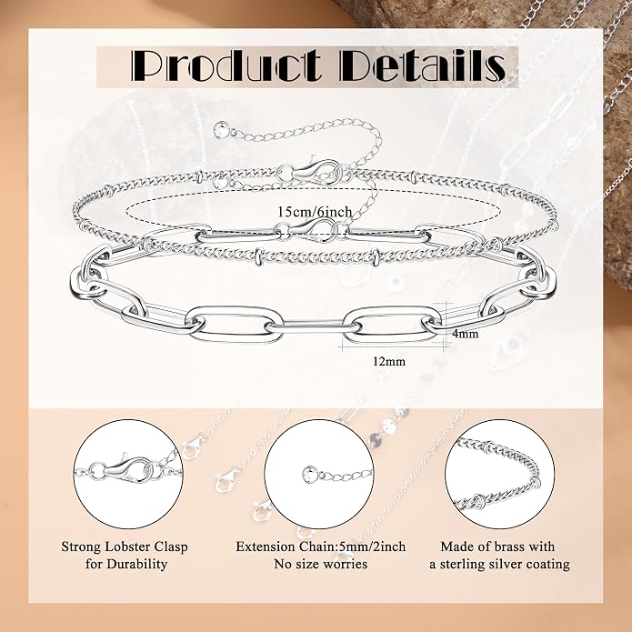 MILACOLATO 925 Sterling Silver Clasp Paperclip Chain Bracelets 14K White Gold Plated Solid Diamond-Cut Paperclip Chain Women Bracelet Adjustable Layered Satellite Beads Bracelets for Women