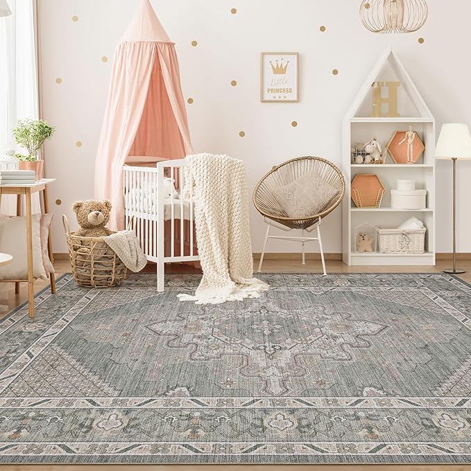 Tortania Area Rug Living Room Rugs - 8x10 Washable Boho Rug Vintage Oriental Distressed Farmhouse Large Thin Indoor Carpet for Living Room Bedroom Under Dining Table Home Office - Green Gray
