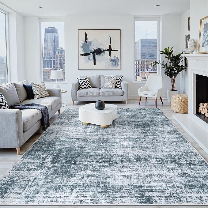 10x12 Area Rugs Washable Rug: Anti-Skid Abstract Modern Living Room Rug Soft Thin Carpets Indoor Floor Non-Shedding Carpet for Bedroom Dining Nursery Home Office (Light Slate Blue/White,10'x12')
