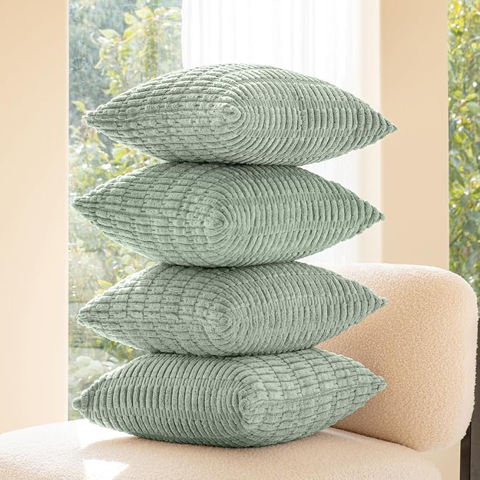 Softalker Throw Pillow Covers 16x16 Inch, Set of 4, Corduroy Soft Striped Farmhouse Boho Pillow Cover, Modern Decorative Cushion Pillow Case for Couch Sofa Bedroom Living Room, Sage Green