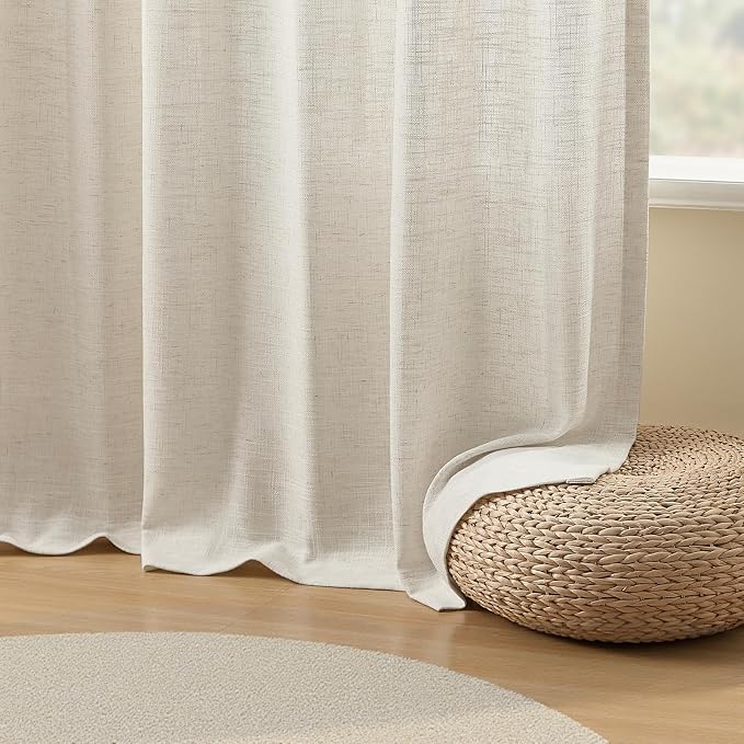 60 Inch Extra Width Pinch Pleated Curtains for Living Room, Light Filtering Modern Privacy Pleated Linen Sheer Curtain with Hooks Rings Back Tab Drapes for Sliding Door, Natural, 1 Panel, W60xL90