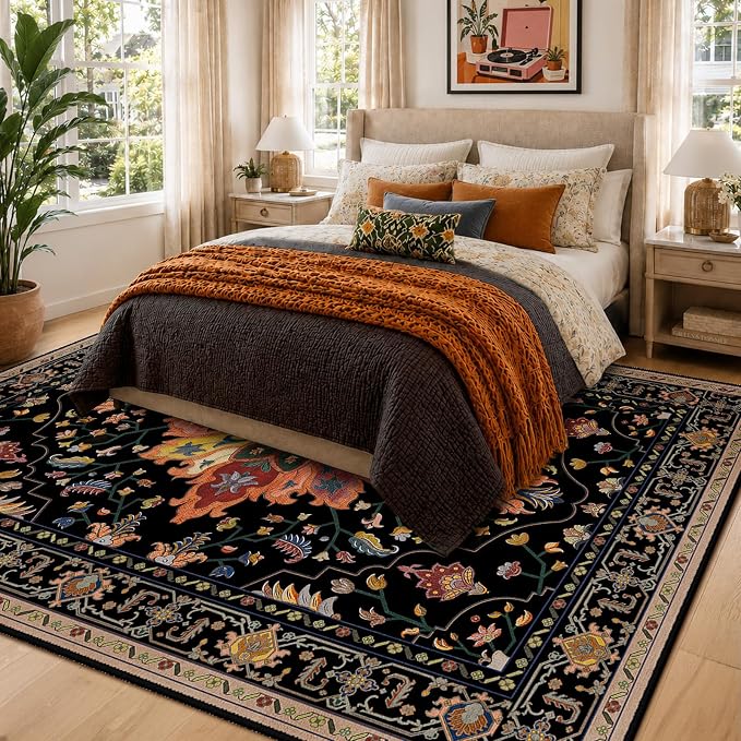 RELEANY Area Rugs 5'x7' Washable Non-Slip, Floral Vintage Distress Medallion Carpet for Living Room Bedroom Dining Room, Black Colorful Floral Dark Tan