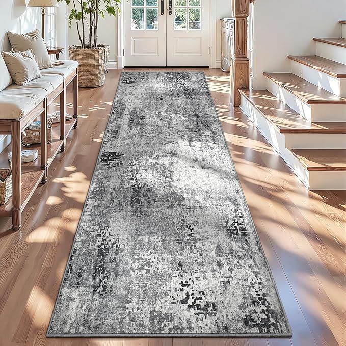 2.6x12 Grey Rug Runners for Hallways Kitchen Runner Rug Non Slip Washable Black Long Runner Rugs with Rubber Backing Soft Abstract Carpet Runner for Bedroom, Kitchen, Bathroom, Entryway