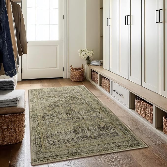 Washable 4x6 Rugs, Boho Vintage Non-Slip Distress Rugs, Dark Green | 0.3" Neutral Throw Rugs for Bedroom Kitchen Nursery Living Room, Cushioned Area Rug for High-traffic