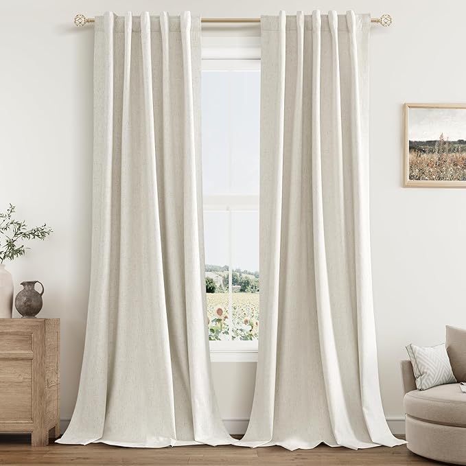Guken 100% Blackout Linen Curtains for Bedroom 84 Inches Long Natural Cream Black Out Curtain Back Tab Thermal Insulated Room Darkening Window Drapes for Living Room 2 Panels Beige Ivory 38x84