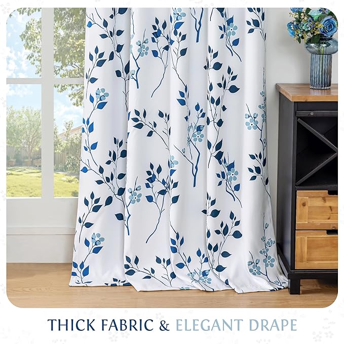 Beauoop Floral 100% Blackout Sliding Door Curtains Navy Blue 100x84 1 Set | Flower Patterned Navy White Room Darkening Patio Curtains Extra Wide Room Divider Drapes Thermal Window treatment Grommet