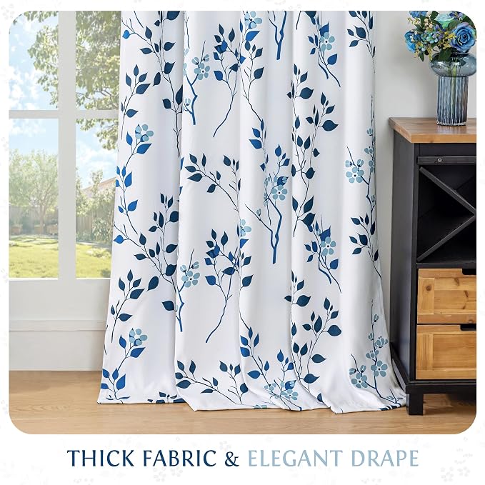 Beauoop Floral 100% Blackout Curtains for Bedroom Navy Blue 52X96 2 Panels | Flower Patterned Navy White Room Darkening Drapes for Living Room Thermal Insulated Soundproof Window treatment Grommet