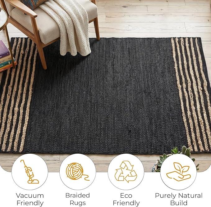 GRUHUM Black Jute Area Rug 8x10ft - Natural Fiber Black Leather Rectangular Handwoven Boho Farmhouse Soft Braided Eco Friendly Vintage Rugs for Indoor Living Room Bedroom Kitchen Hallways 8'x10' Large