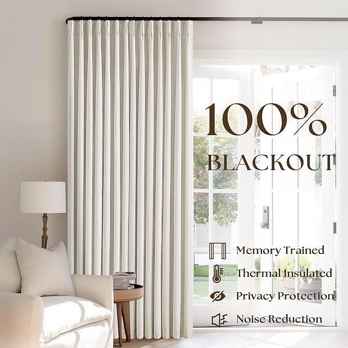 Natural Linen 100% Black Out Curtains 86 Inches Long 2 Panels Set for Bedroom Cream Ivory Pinch Pleated Back Tab Thermal Insulated Energy Efficient Window Curtains Living Room High Ceiling Length