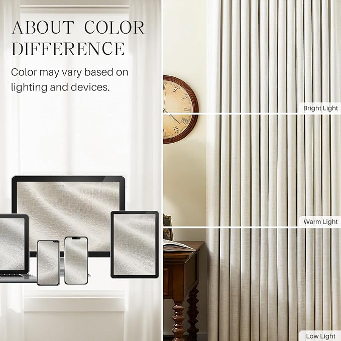 Pinch Pleated Curtains 100% Blackout Linen Curtains 112 Inches Long for Bedroom Living Room, Natural Memory Trained Thermal Insulated Room Darkening Window Pleat Drapes with Hooks 1 Panel 60"Wx112"L