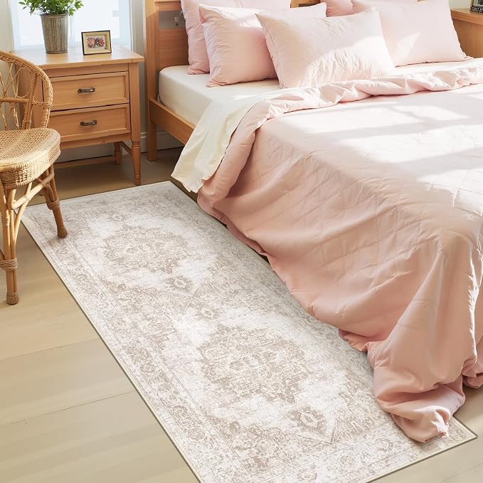 Area Rug 2x6 Runner Rug: Washable Vintage Hallway Rugs Indoor Medallion Rug Low Pile Distressed Floor Carpet Retro Accent Rugs for Kitchen Bedroom Bathroom Dining Room(Beige, 2'x6')