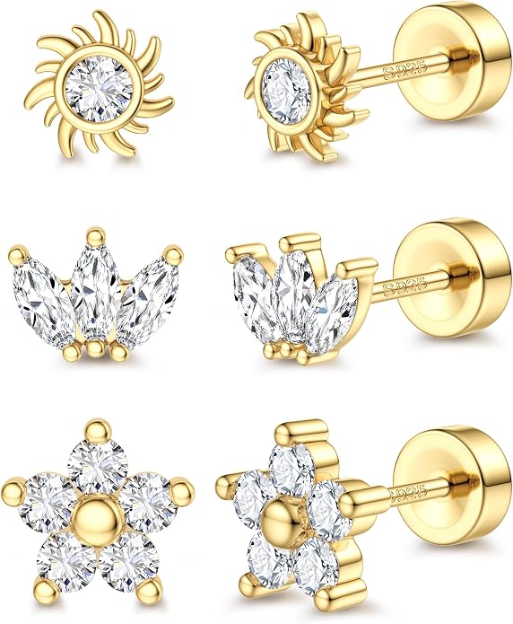 ORAZIO 925 Sterling Silver Flat Back Stud Earrings for Women Hypoallergenic 14K Gold Plated Cartilage Earrings for Sensitive Ears Small CZ Opal Conch Helix Tragus Piercing Jewelry 3 Pairs 20G