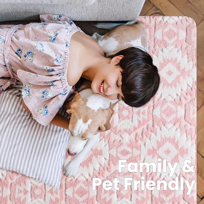 Macgace Ultra Soft Area Rug for Living Room, 6x9 Pink and White Shag Rugs | Washable Non-Slip Backing Medium Pile Modren Geometric Fuzzy Carpet for Kids Room, Girls Bedroom, Classroom, Dorm