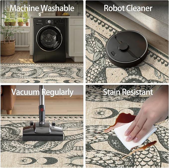 DCX Washable 2x3 Snake Rug, Beige Gothic Rug for Living Room, Soft Low Pile Carpet, Kid & Pet Friendly with Rubber Back Non Slip, Stain Resistant Rug for Bedroom Dining Room Office